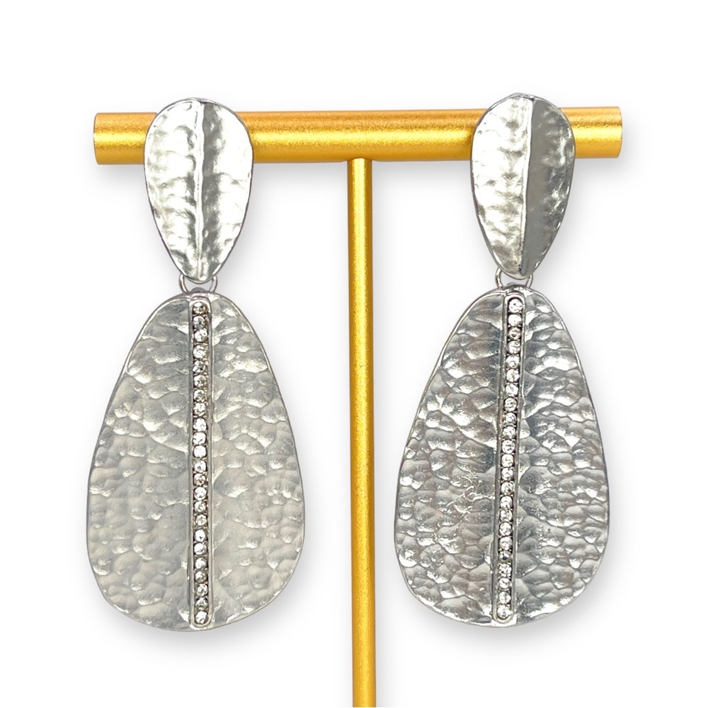Silver Toned Statement Earrings with Rhinestone Stripe.